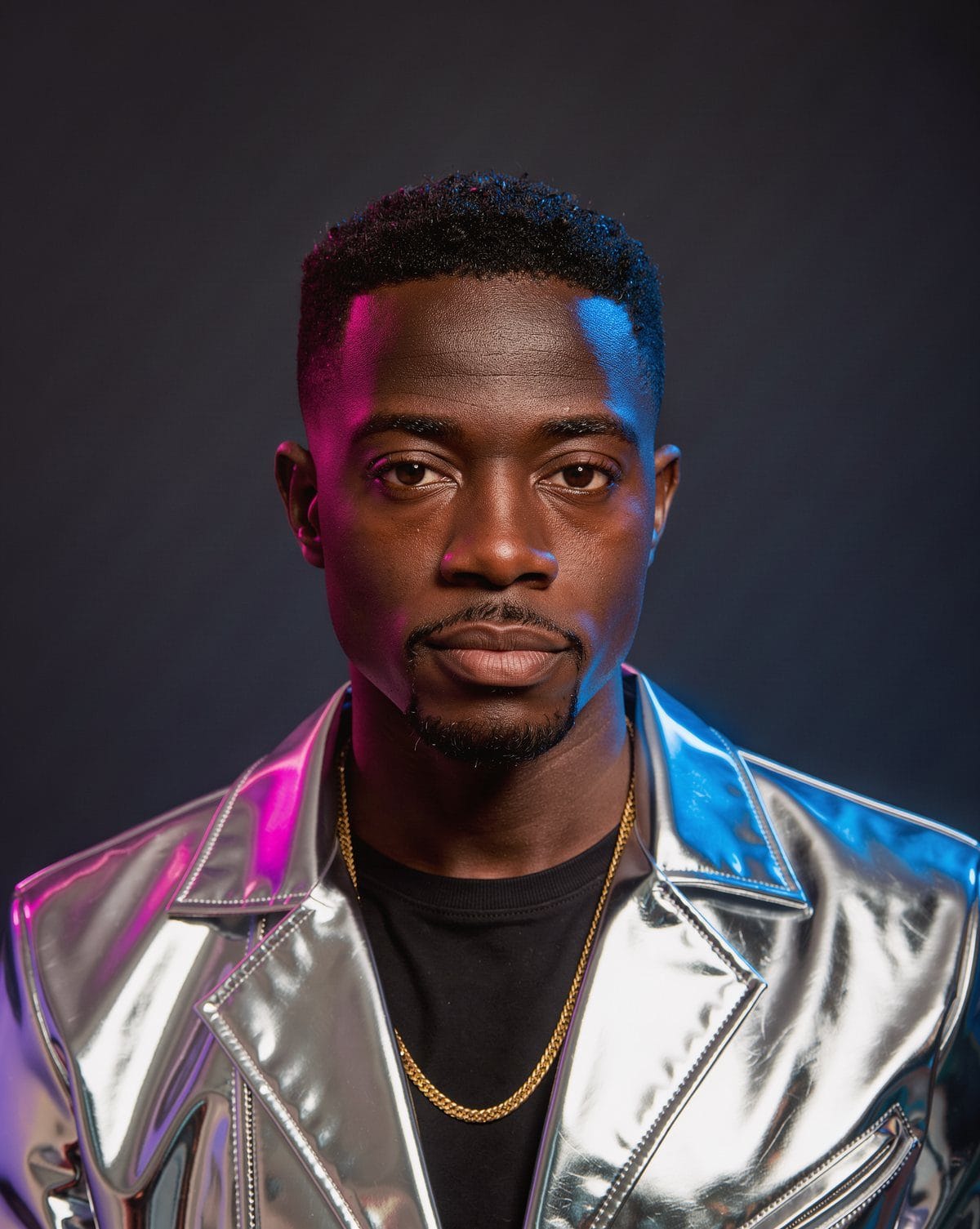 Kairo James in a silver jacket, lit in magenta and blue